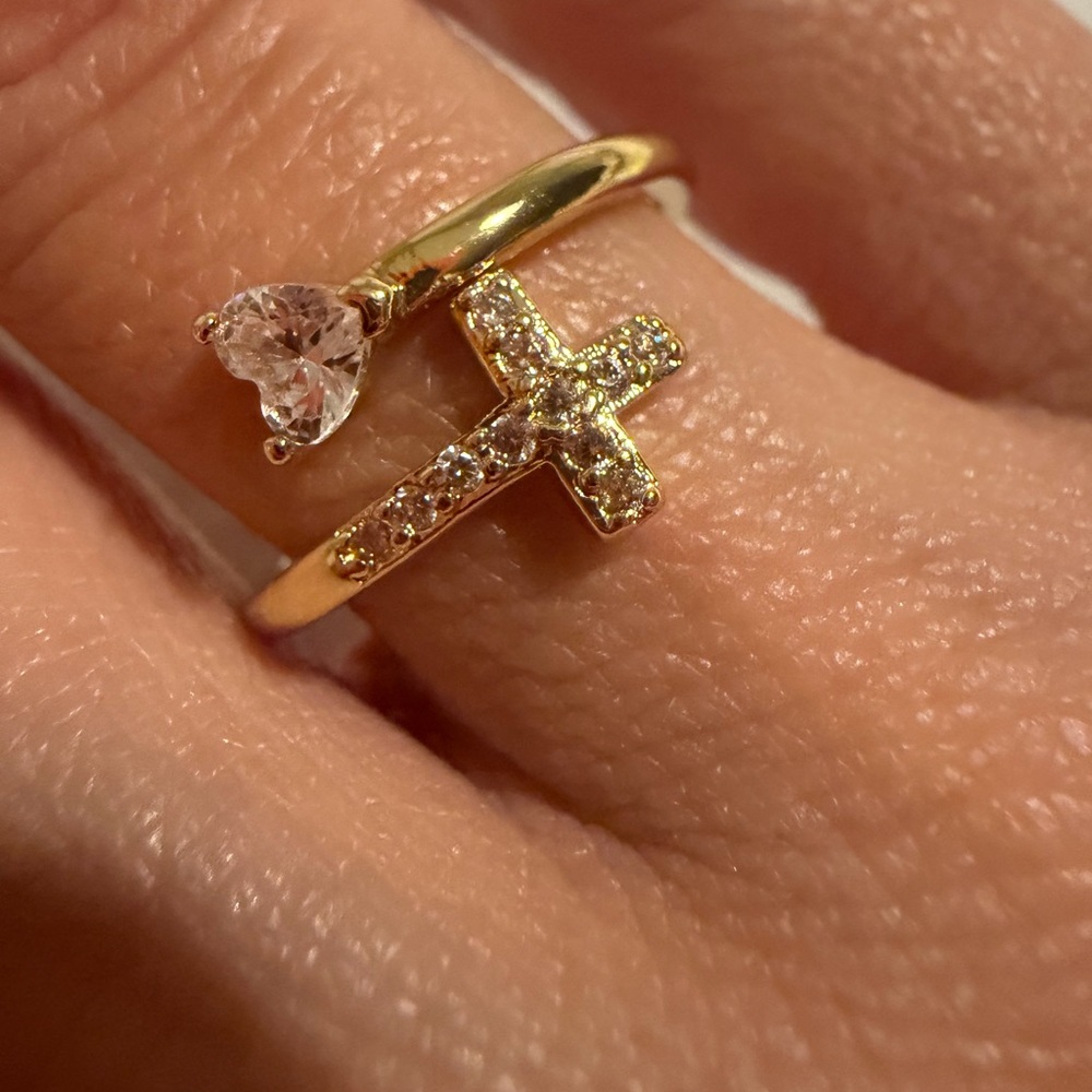 Delicate Gold Cross tiny heart Ring open adjustable